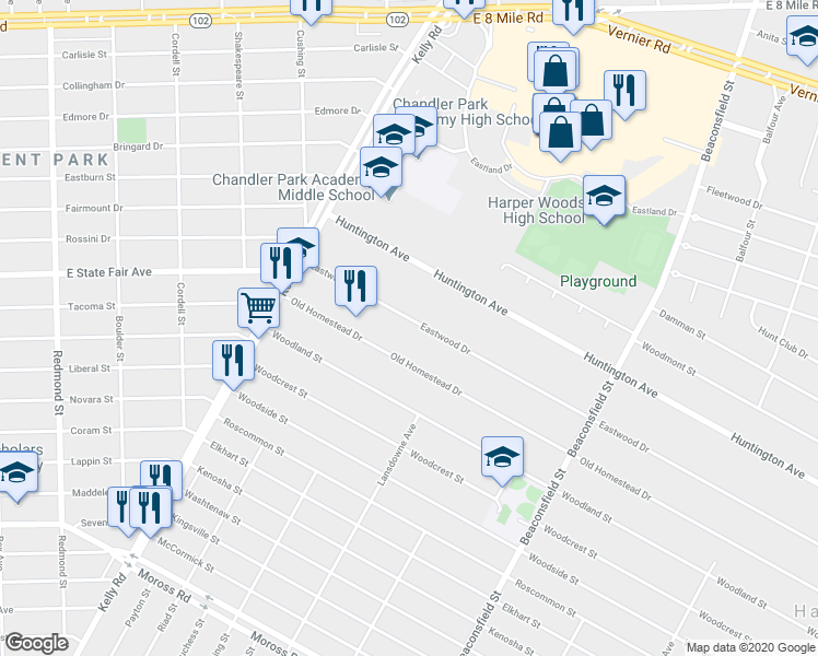 map of restaurants, bars, coffee shops, grocery stores, and more near 18920 Eastwood Drive in Harper Woods