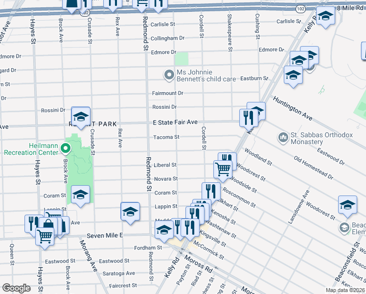 map of restaurants, bars, coffee shops, grocery stores, and more near 16214 Manning Street in Detroit