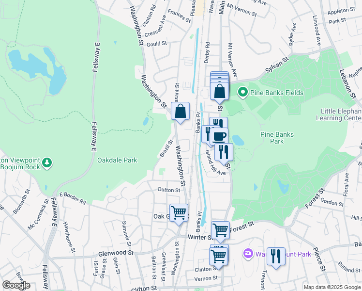 map of restaurants, bars, coffee shops, grocery stores, and more near 37 Washington Street in Melrose
