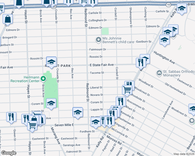 map of restaurants, bars, coffee shops, grocery stores, and more near 16066 Manning Street in Detroit