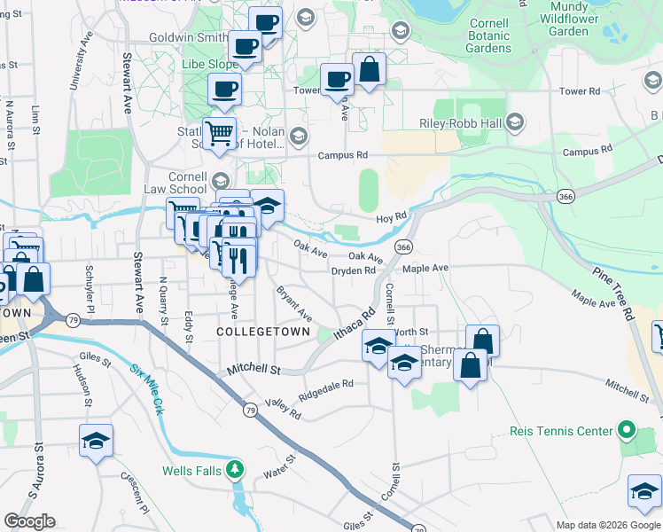 map of restaurants, bars, coffee shops, grocery stores, and more near 502 Dryden Road in Ithaca