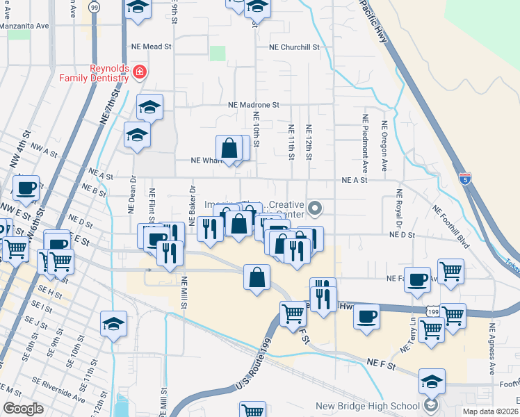 map of restaurants, bars, coffee shops, grocery stores, and more near 408 Northeast Silverwood Place in Grants Pass
