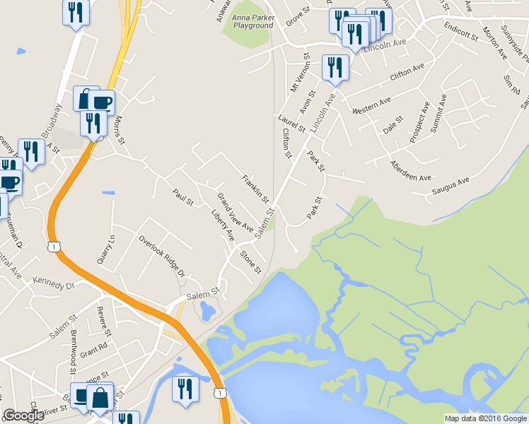 map of restaurants, bars, coffee shops, grocery stores, and more near 12 Walnut Street in Revere