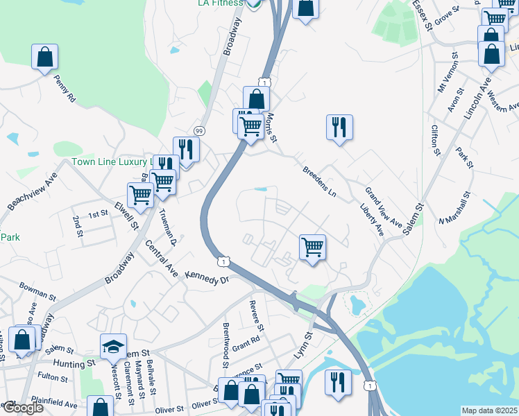 map of restaurants, bars, coffee shops, grocery stores, and more near 21 Quarry Lane in Malden