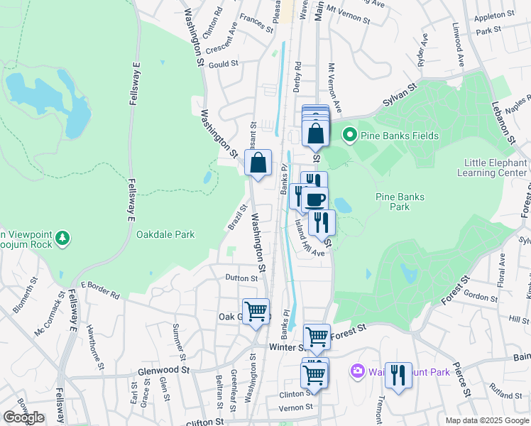 map of restaurants, bars, coffee shops, grocery stores, and more near 37 Washington Street in Melrose