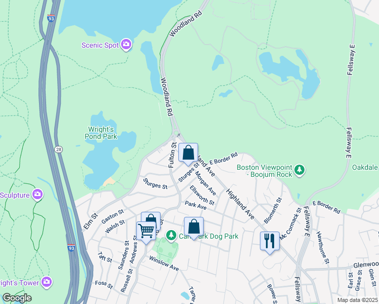 map of restaurants, bars, coffee shops, grocery stores, and more near 930 Highland Avenue in Medford