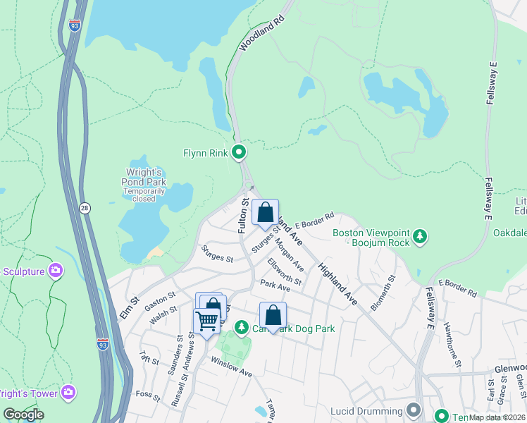 map of restaurants, bars, coffee shops, grocery stores, and more near 930 Highland Avenue in Medford