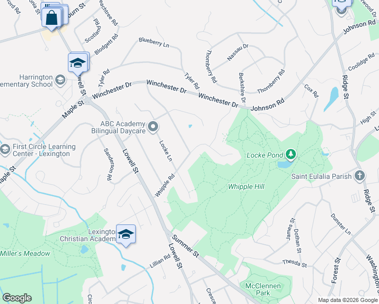 map of restaurants, bars, coffee shops, grocery stores, and more near 18 Whipple Road in Lexington