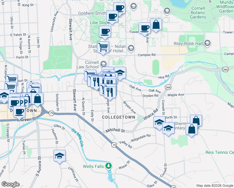 map of restaurants, bars, coffee shops, grocery stores, and more near 306 Bryant Avenue in Ithaca