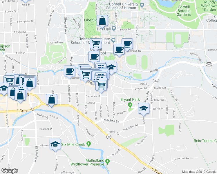 map of restaurants, bars, coffee shops, grocery stores, and more near 306 Bryant Avenue in Ithaca