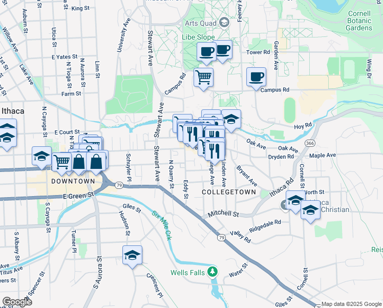 map of restaurants, bars, coffee shops, grocery stores, and more near 111 Dryden Road in Ithaca