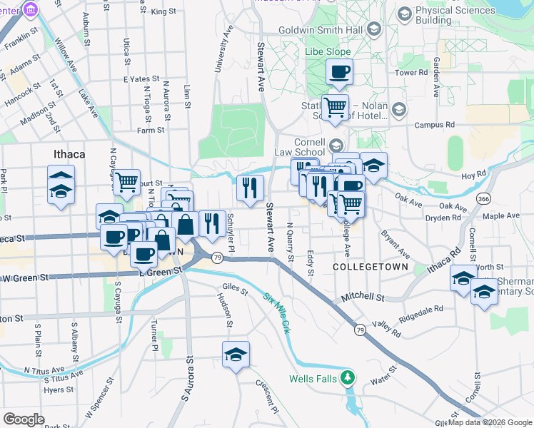 map of restaurants, bars, coffee shops, grocery stores, and more near 207-09 Stewart Avenue in Ithaca