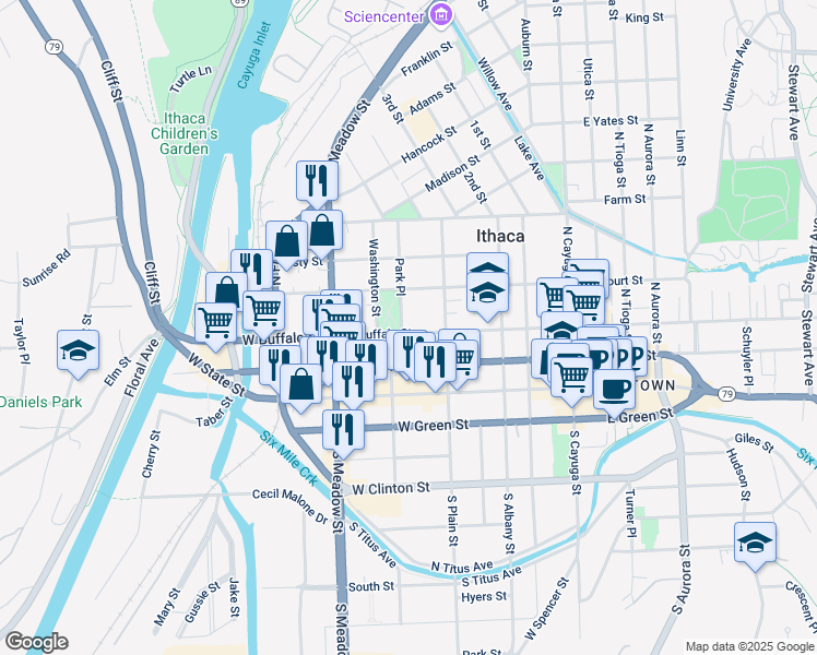 map of restaurants, bars, coffee shops, grocery stores, and more near 433 West Buffalo Street in Ithaca