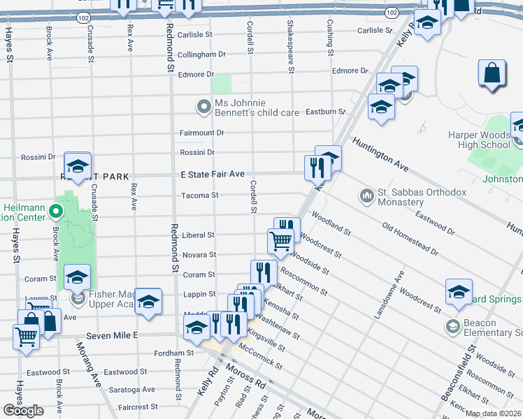 map of restaurants, bars, coffee shops, grocery stores, and more near 16452 Manning Street in Detroit