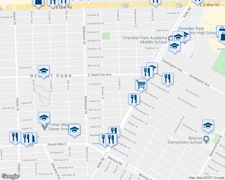 map of restaurants, bars, coffee shops, grocery stores, and more near 16300 Manning Avenue in Detroit