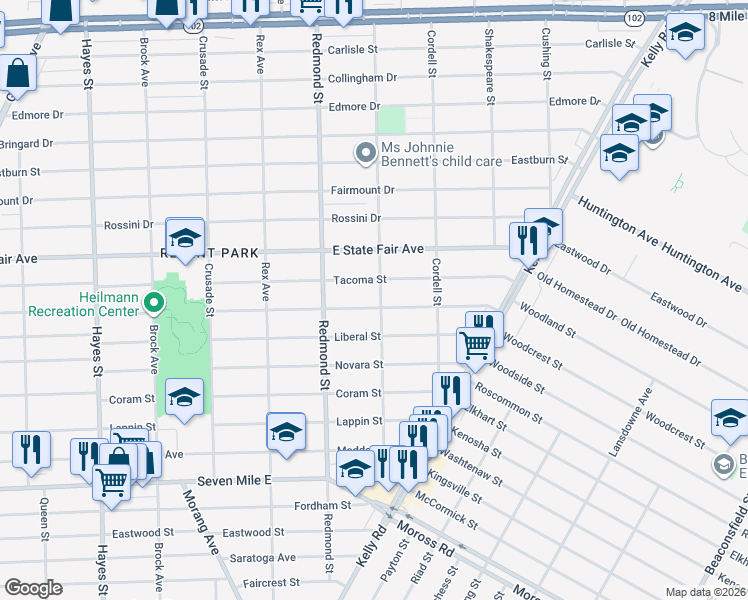 map of restaurants, bars, coffee shops, grocery stores, and more near 16066 Manning Street in Detroit