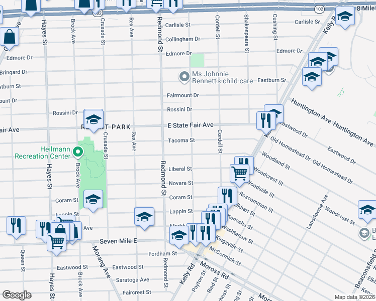 map of restaurants, bars, coffee shops, grocery stores, and more near 16066 Manning Street in Detroit