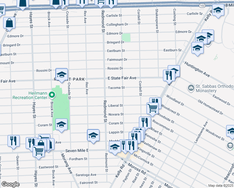 map of restaurants, bars, coffee shops, grocery stores, and more near 16066 Manning Street in Detroit
