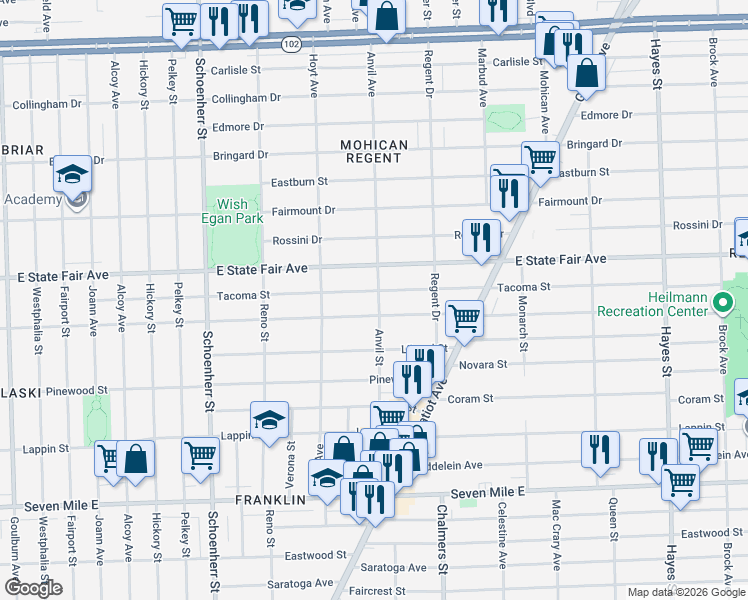 map of restaurants, bars, coffee shops, grocery stores, and more near 14065 Manning Street in Detroit