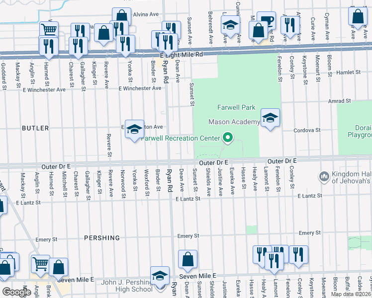 map of restaurants, bars, coffee shops, grocery stores, and more near 19918 Dean Avenue in Detroit