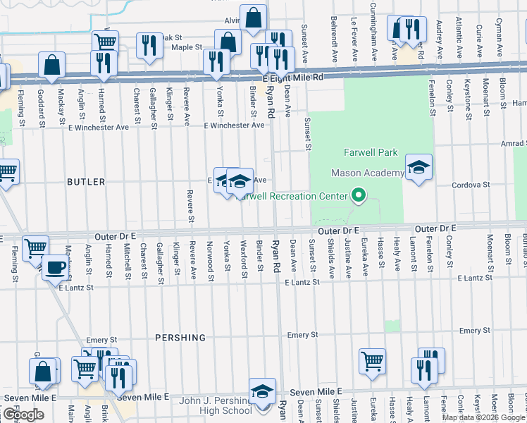 map of restaurants, bars, coffee shops, grocery stores, and more near 19919 Ryan Road in Detroit