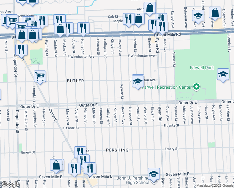 map of restaurants, bars, coffee shops, grocery stores, and more near 19931 Klinger Street in Detroit