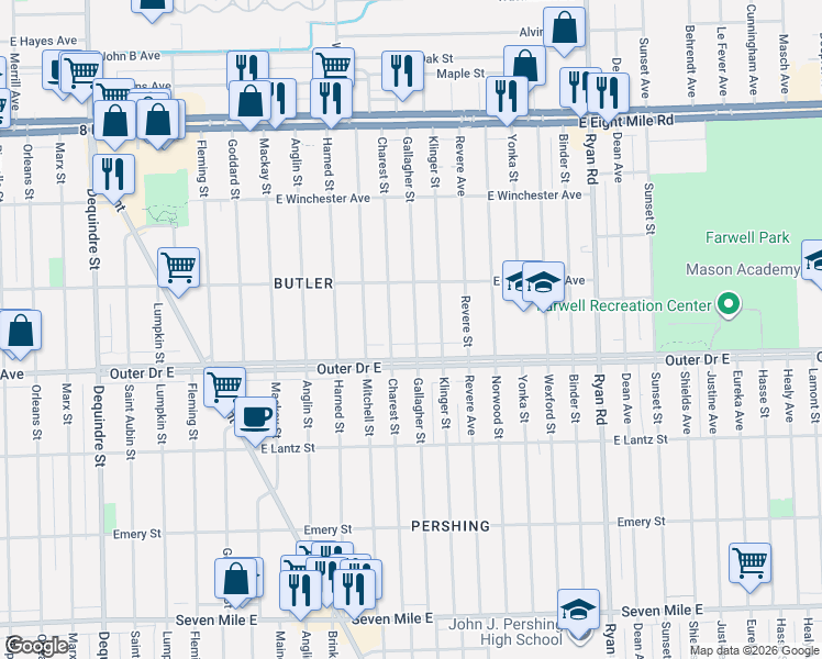map of restaurants, bars, coffee shops, grocery stores, and more near 19940 Charest Street in Detroit