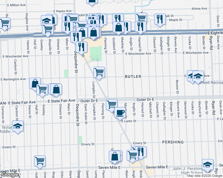 map of restaurants, bars, coffee shops, grocery stores, and more near 19941 Goddard Street in Detroit