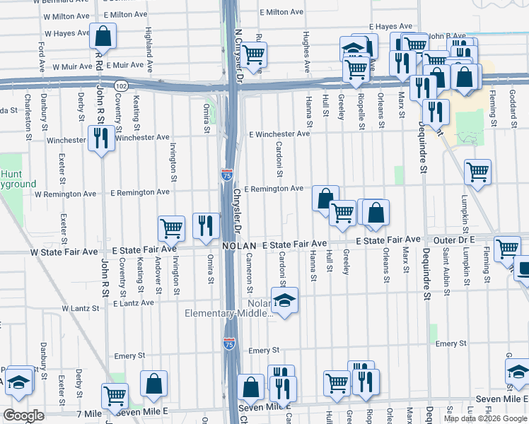 map of restaurants, bars, coffee shops, grocery stores, and more near 19980 Hawthorne Street in Highland Park