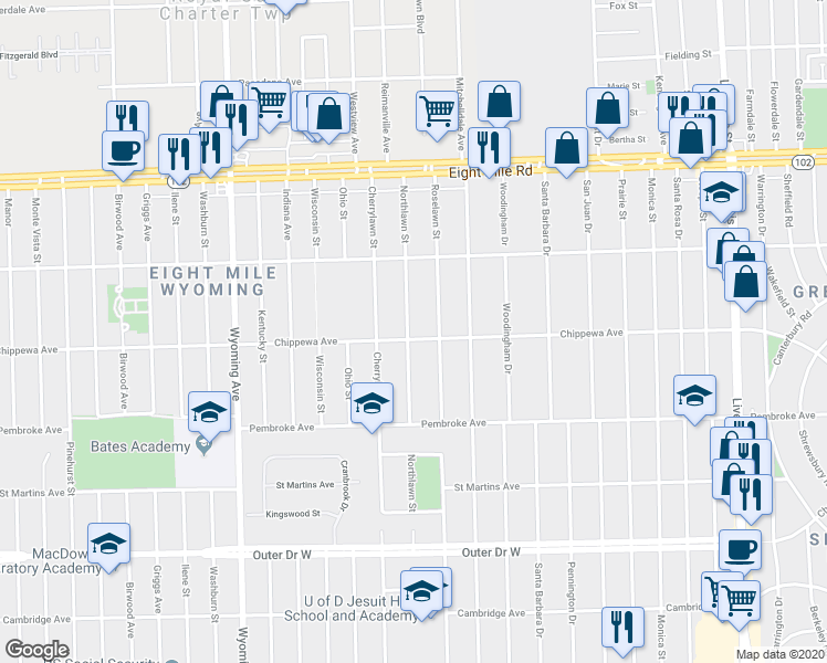 map of restaurants, bars, coffee shops, grocery stores, and more near 20058 Northlawn Street in Detroit