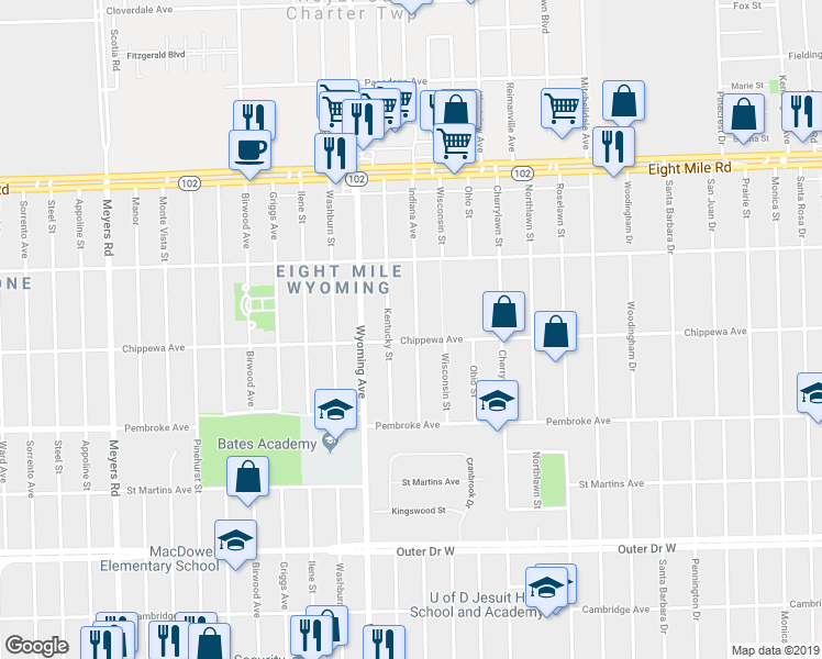 map of restaurants, bars, coffee shops, grocery stores, and more near 20104 Kentucky Street in Detroit