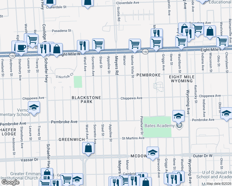 map of restaurants, bars, coffee shops, grocery stores, and more near 20112 Appoline Street in Detroit