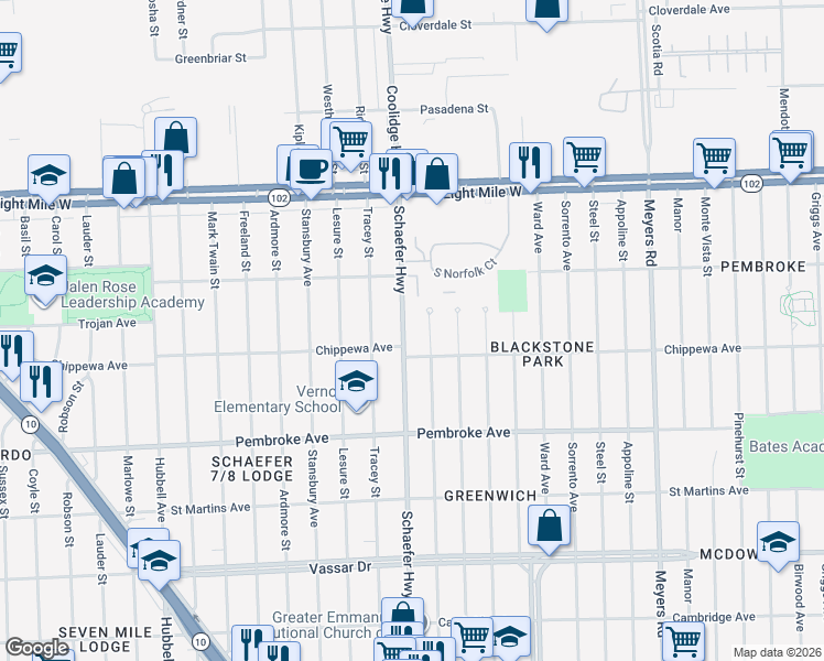map of restaurants, bars, coffee shops, grocery stores, and more near 20115 Schaefer Highway in Detroit