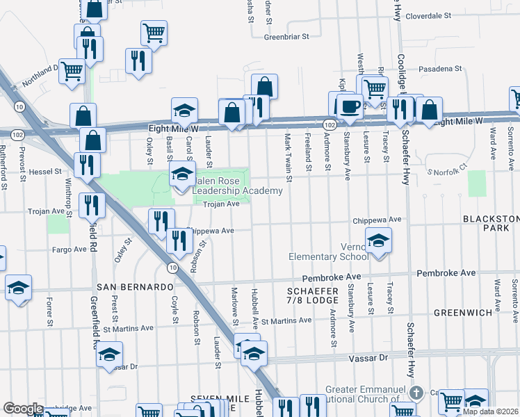 map of restaurants, bars, coffee shops, grocery stores, and more near 20130 Hubbell Avenue in Detroit