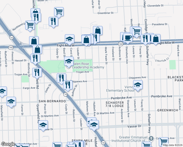 map of restaurants, bars, coffee shops, grocery stores, and more near 20140 Marlowe Street in Detroit