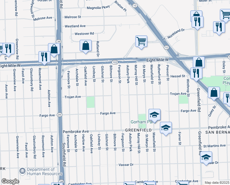 map of restaurants, bars, coffee shops, grocery stores, and more near 17098-16900 Trojan Avenue in Detroit
