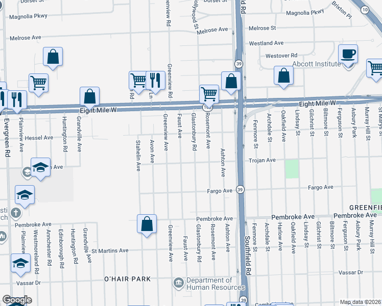 map of restaurants, bars, coffee shops, grocery stores, and more near 20210 Faust Avenue in Detroit