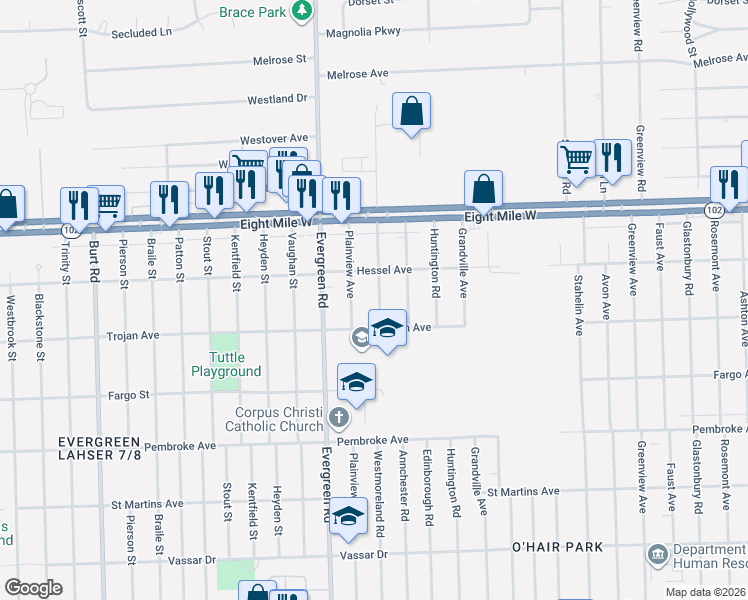map of restaurants, bars, coffee shops, grocery stores, and more near 20236 Westmoreland Road in Detroit