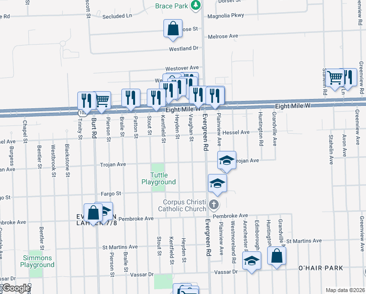 map of restaurants, bars, coffee shops, grocery stores, and more near 20243 Vaughan Street in Detroit