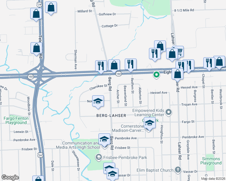 map of restaurants, bars, coffee shops, grocery stores, and more near 20306 Berg Road in Detroit
