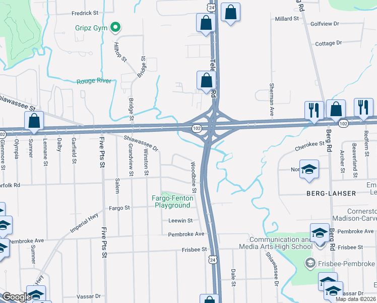 map of restaurants, bars, coffee shops, grocery stores, and more near 20510 Woodbine Street in Detroit