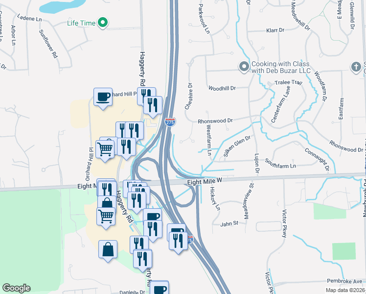 map of restaurants, bars, coffee shops, grocery stores, and more near 20998 Marshview Drive in Northville