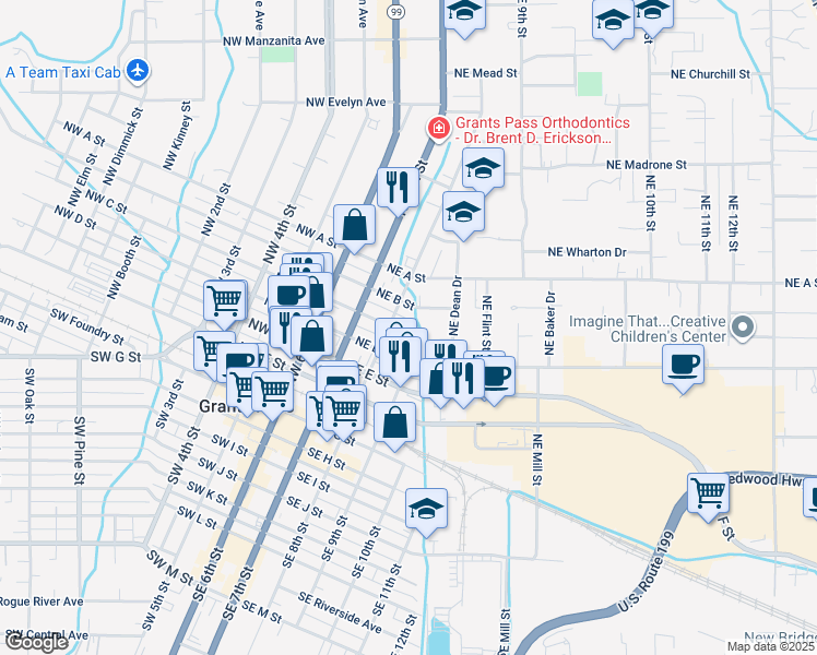 map of restaurants, bars, coffee shops, grocery stores, and more near 314 Northeast C Street in Grants Pass