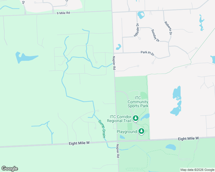 map of restaurants, bars, coffee shops, grocery stores, and more near 21405 Napier Road in Northville