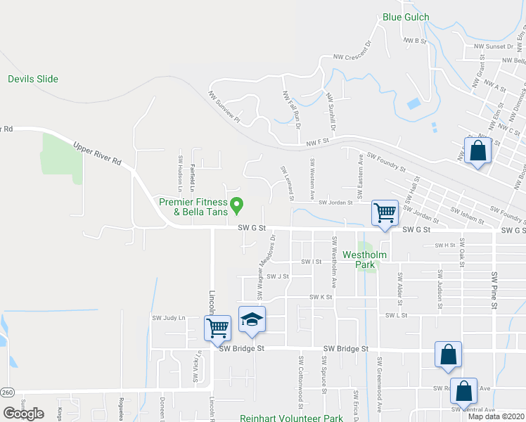 map of restaurants, bars, coffee shops, grocery stores, and more near Southwest Kurtz Lane in Grants Pass