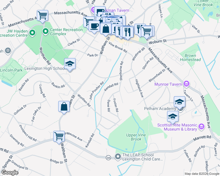 map of restaurants, bars, coffee shops, grocery stores, and more near 121 Kendall Road in Lexington