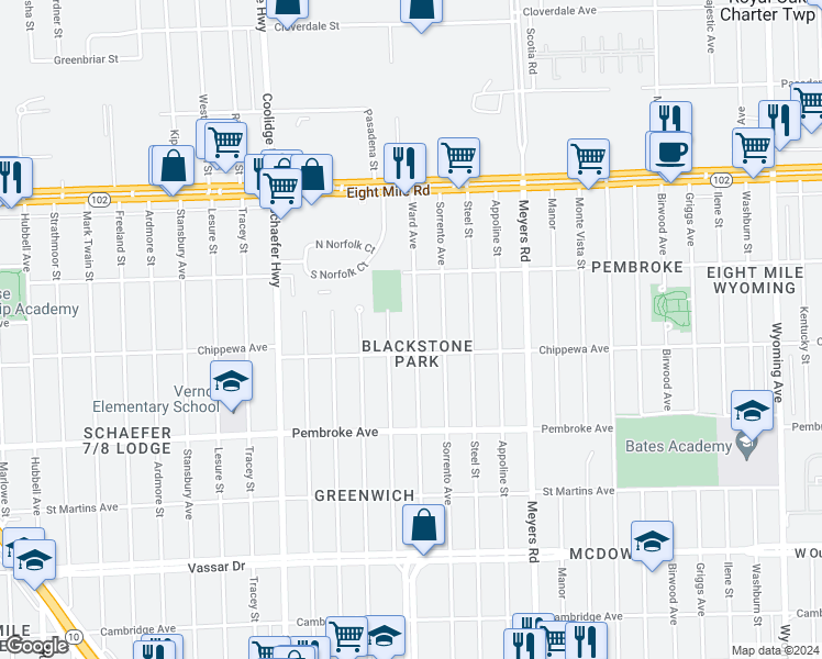 map of restaurants, bars, coffee shops, grocery stores, and more near 20147 Ward Avenue in Detroit