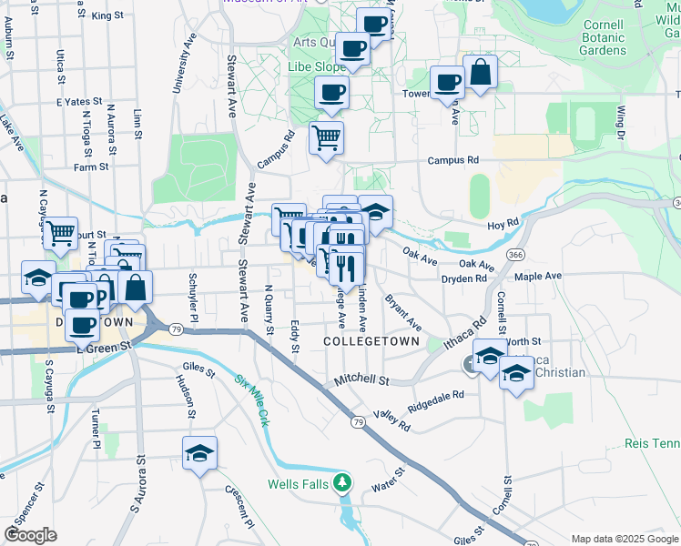 map of restaurants, bars, coffee shops, grocery stores, and more near College Avenue in Ithaca