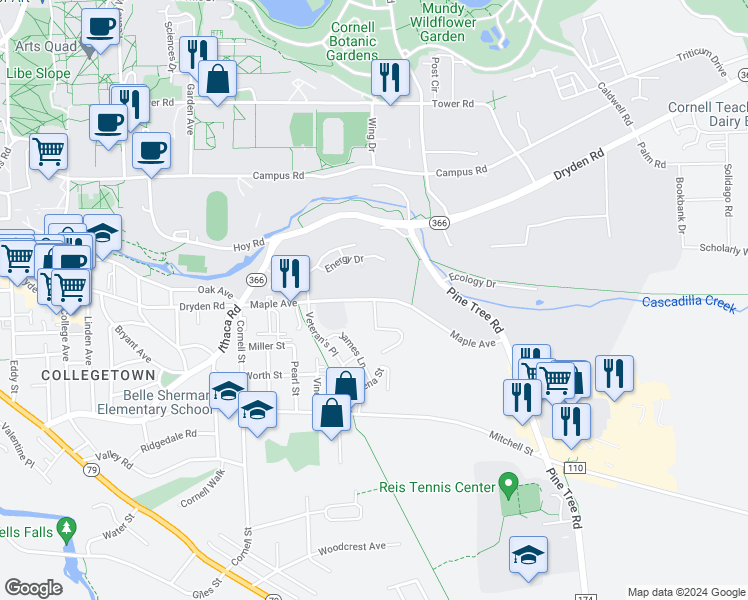 map of restaurants, bars, coffee shops, grocery stores, and more near 239 Maple Avenue in Ithaca