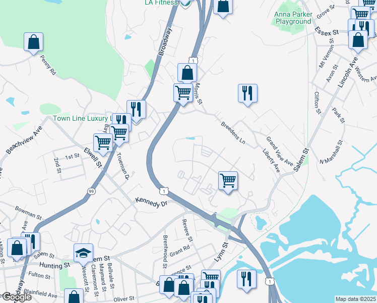 map of restaurants, bars, coffee shops, grocery stores, and more near 21 Quarry Lane in Malden